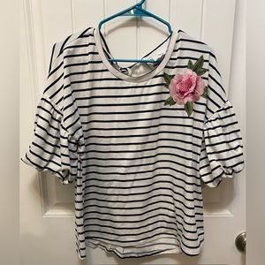 Fyve striped with embroidered flower top. Bubble sleeve. Size Large.